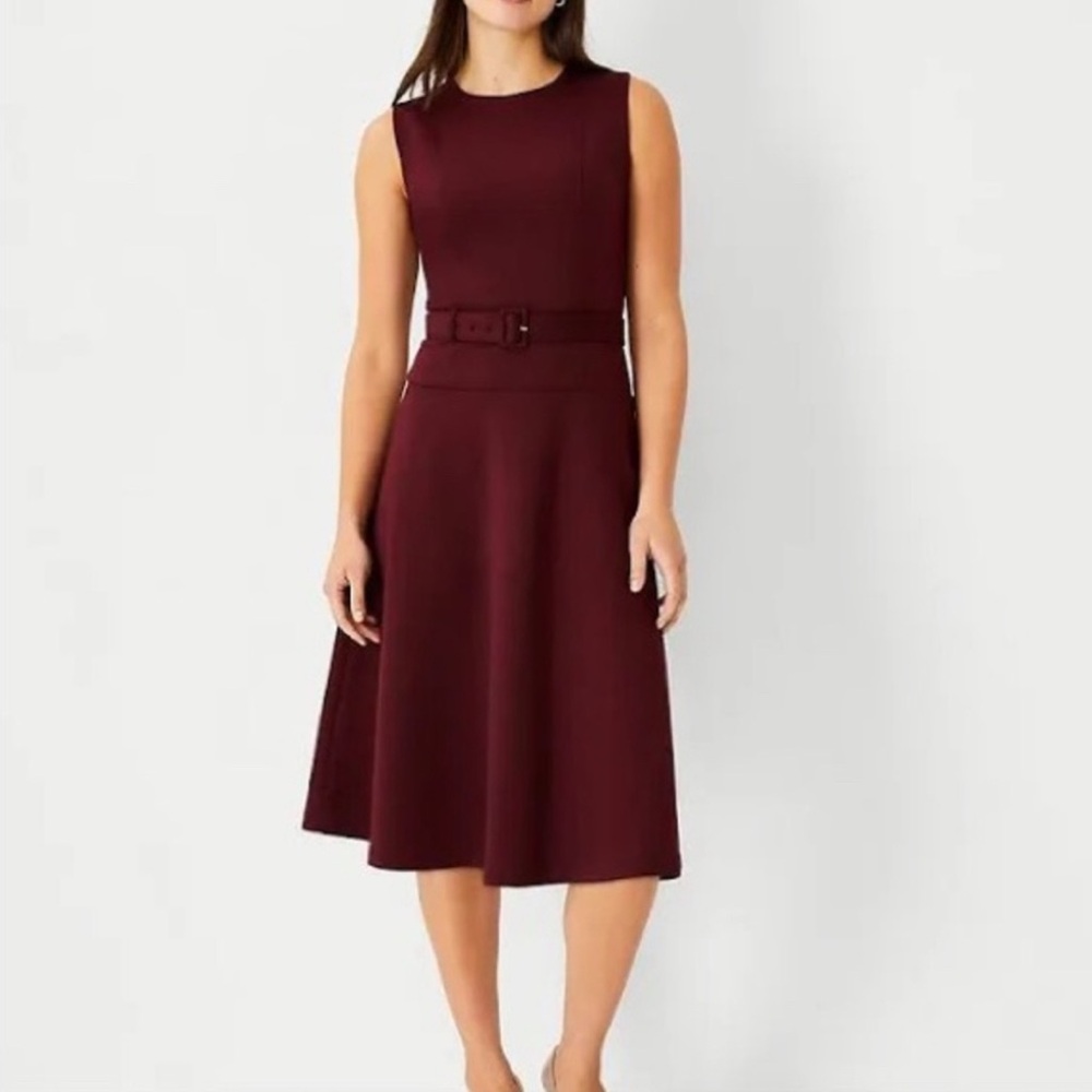 Ann Taylor Sleeveless Belted Flare Dress Bold Bordeaux